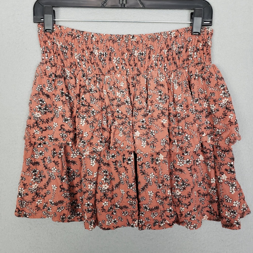 Justify Size L Smocked Tiered Mini Skirt Mauve Pink Ditzy Floral Fall Size L